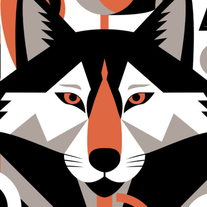 SPS-186_TVOTR_detail TV on the Radio Gig Poster, Berlin Astra, 2025, detail. Stilisierte Illustration eines Wolfskopfs.