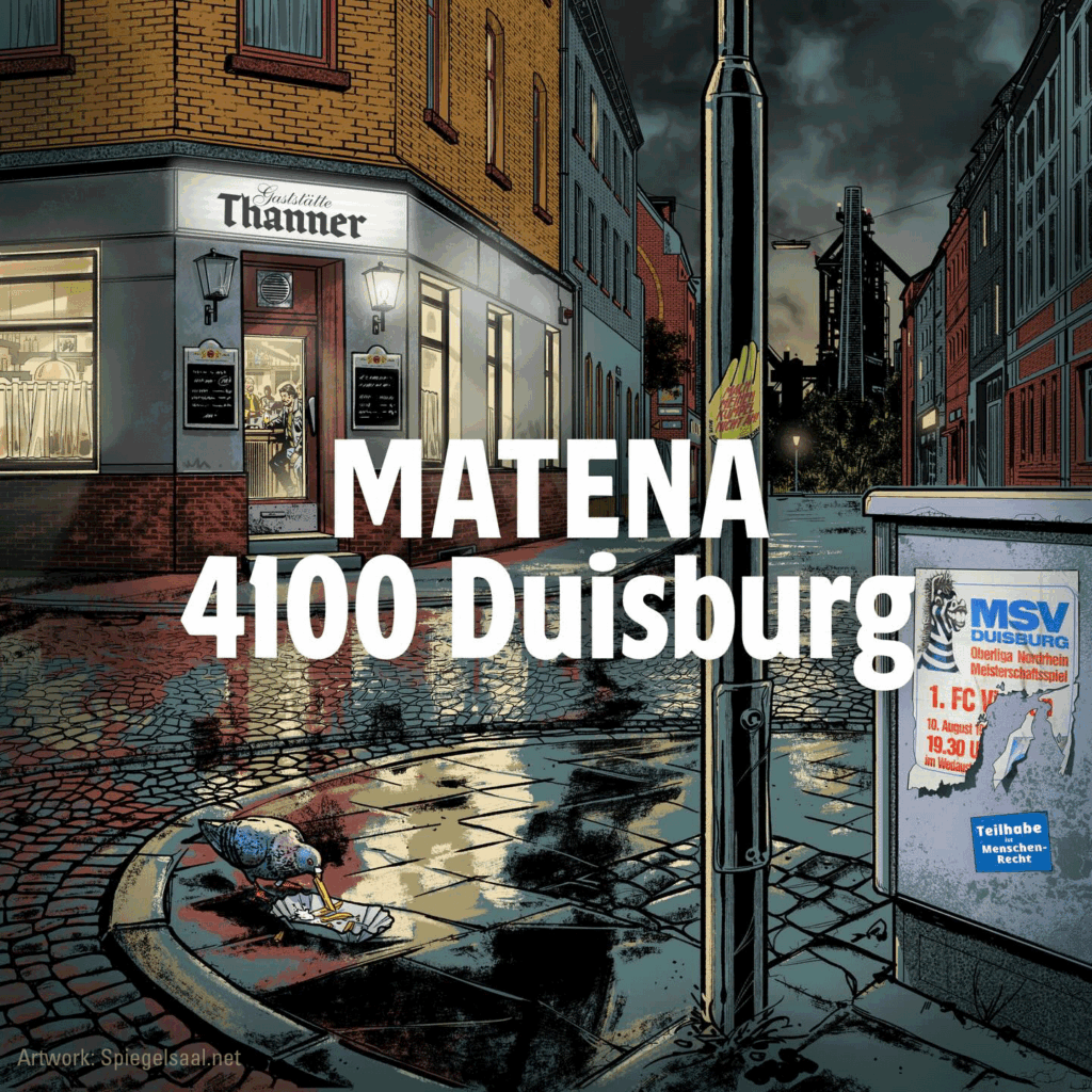 Strassenecke mit typischer Ruhrpott Kneipe. Eine Taube frißt weggeworfene Pommes Frites. Rechts: Verteilerkasten mit altem MSV Plakat. Im Hintergrund Hochofen.