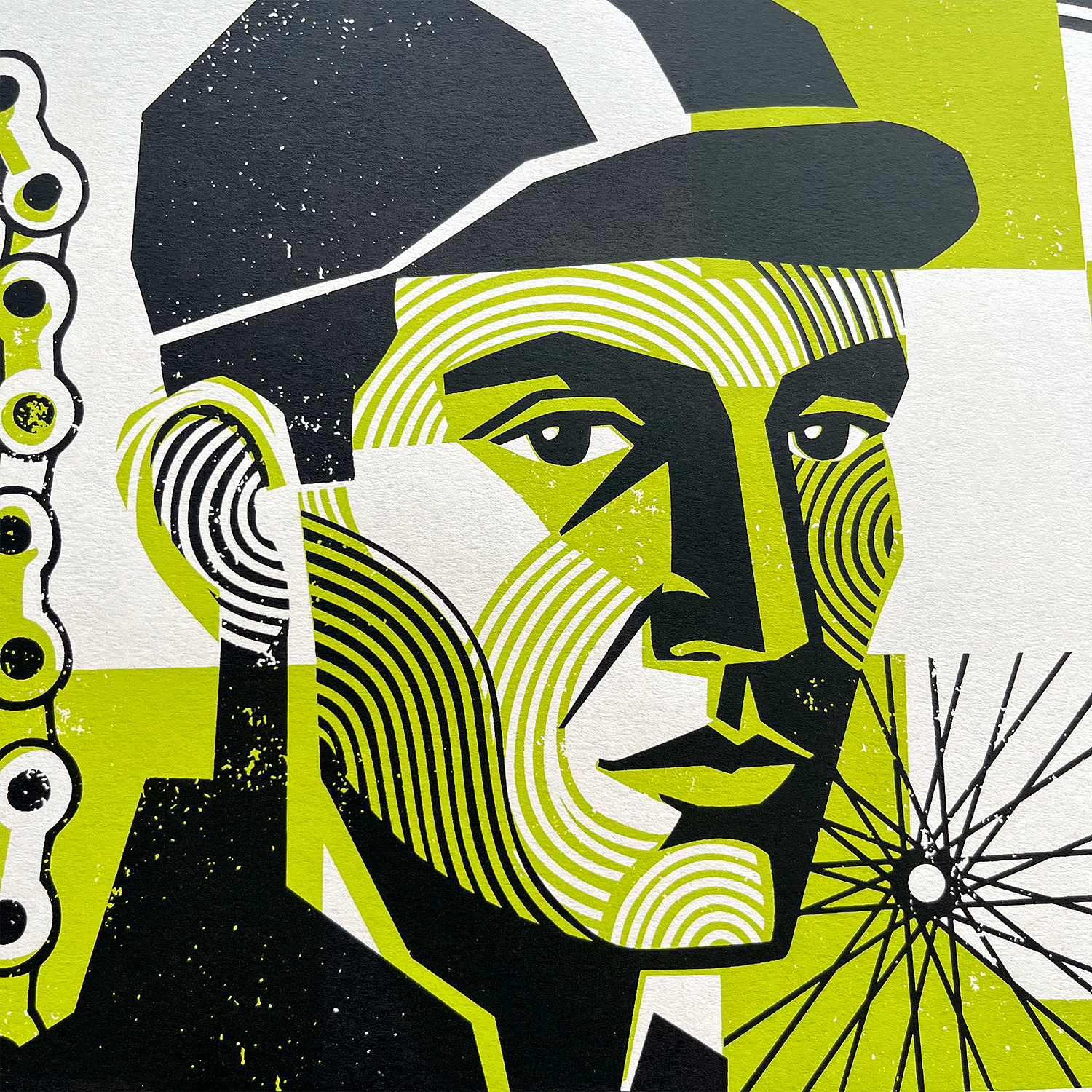Image of detail from a screenprinted art print, Title: Cycling