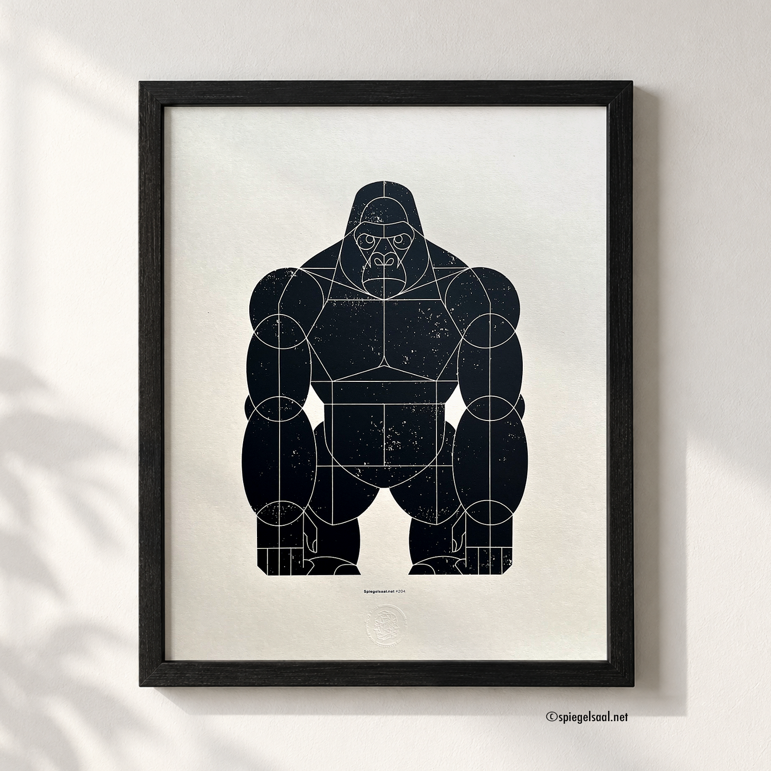 Image of a framed screenprinted art print, Title: Gorilla, black