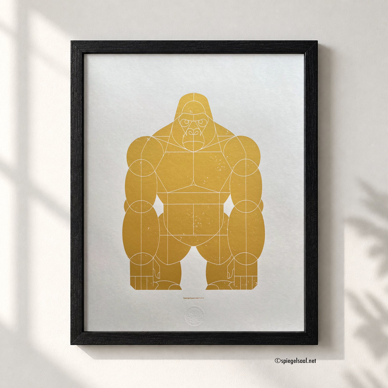 Image of a framed screenprinted art print, Title: Gorilla, gold