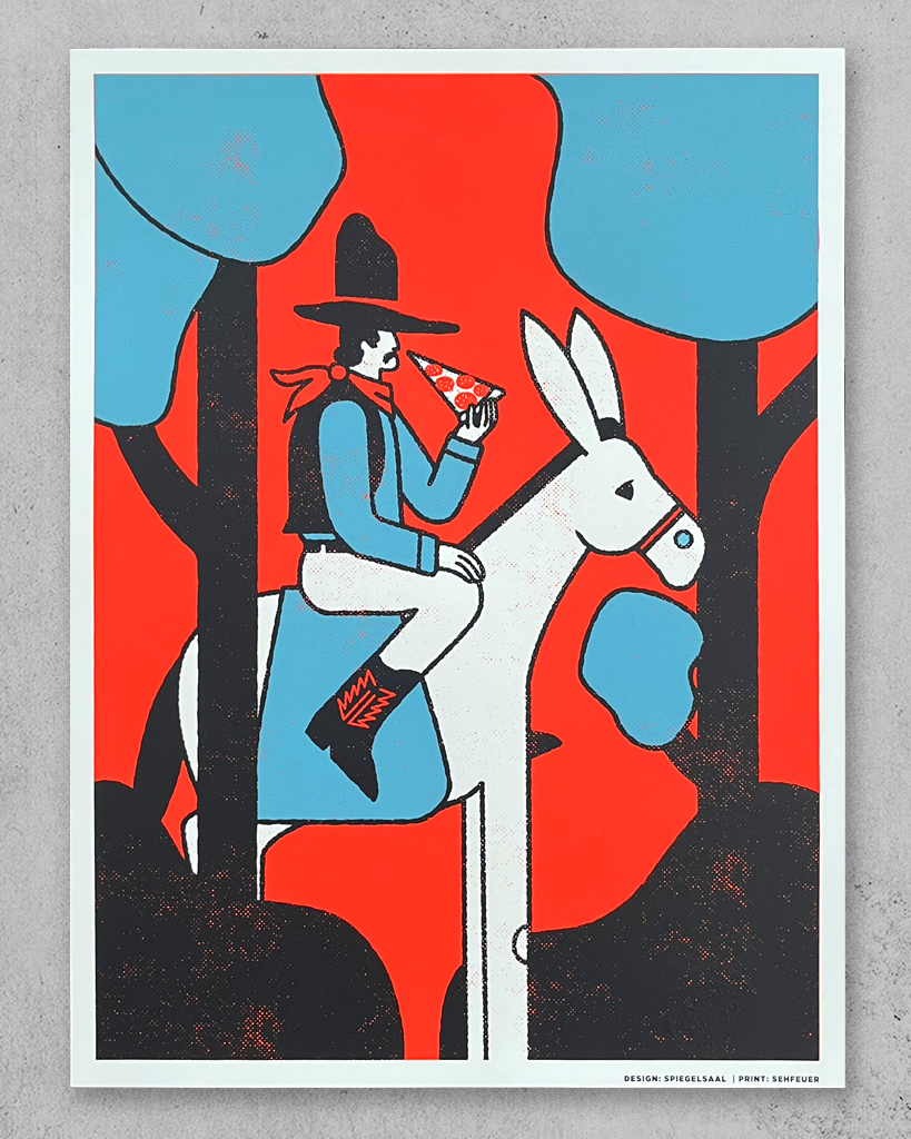 Screen print of a Cowboy on a donkey eating a slice of salami pizza.