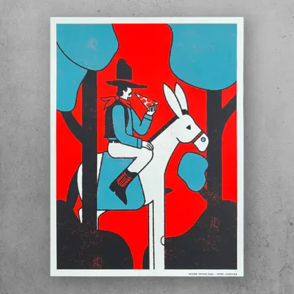 Screen print of a Cowboy on a donkey eating a slice of salami pizza.