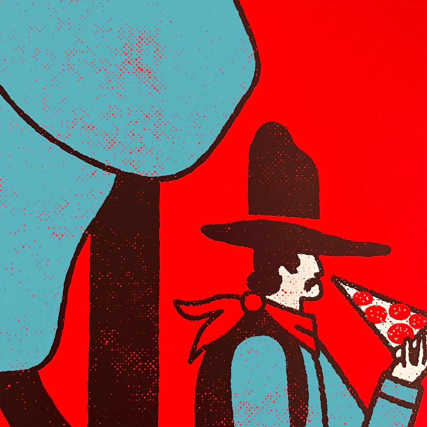 Screen print of a Cowboy on a donkey eating a slice of salami pizza. Detail.