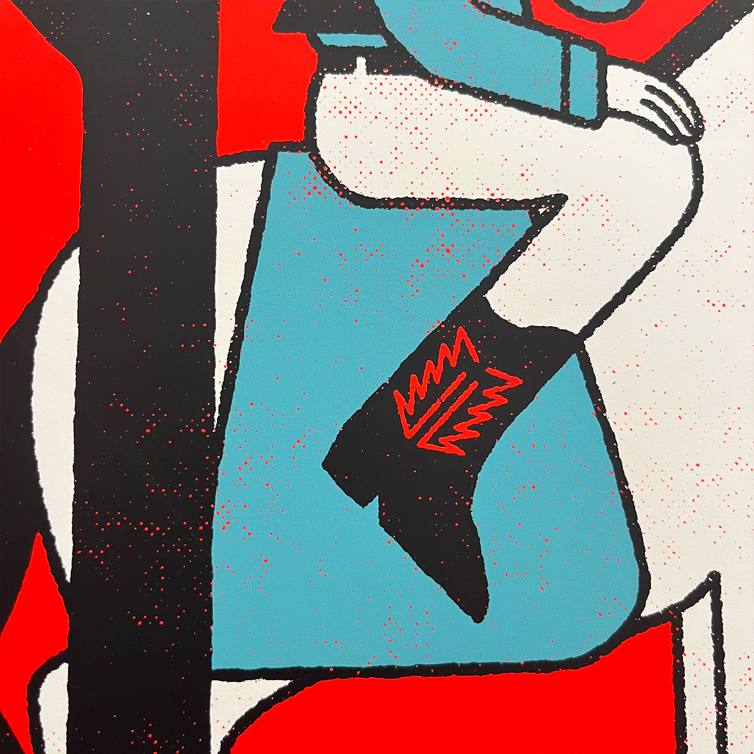 Screen print of a Cowboy on a donkey eating a slice of salami pizza. Detail.