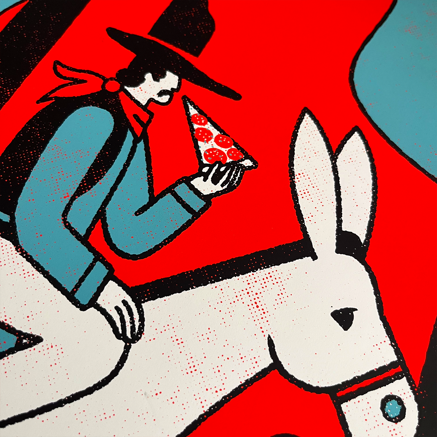 Screen print of a Cowboy on a donkey eating a slice of salami pizza. Detail.